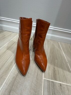 Sam Edelman Patent Pointed Toe Ankle Boots in Cognac Brown